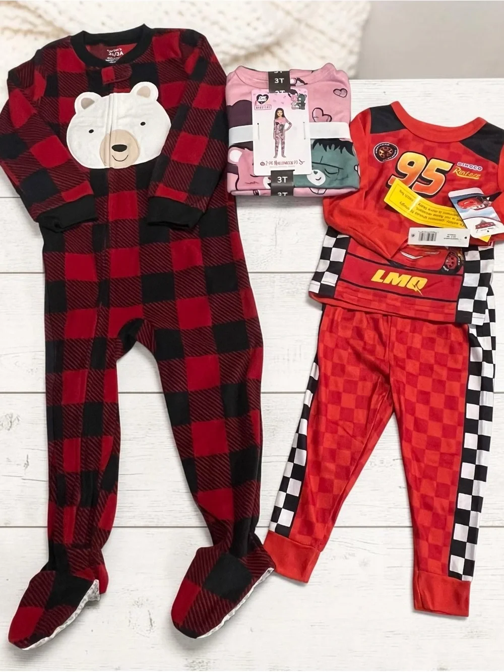 Kids Red Buffalo Plaid Bear Footie Pajamas - Cozy Sleeper